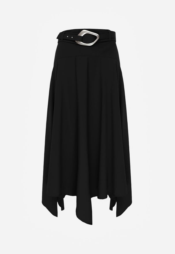 Renee - Czarna Asymetryczna Spódnica o Rozkloszowanym Fasonie z Paskiem z Klamrą Diomeine. Okazja: na co dzień. Kolor: czarny. Długość: krótkie. Styl: elegancki, casual