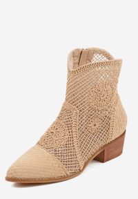 Born2be - Ciemnobeżowe Ażurowe Botki Kowbojki VICES na Niskim Obcasie Azimessa. Okazja: na co dzień, na spotkanie biznesowe, do pracy. Kolor: beżowy. Materiał: jeans. Wzór: ażurowy. Obcas: na obcasie. Styl: casual, biznesowy, elegancki. Wysokość obcasa: niski #4