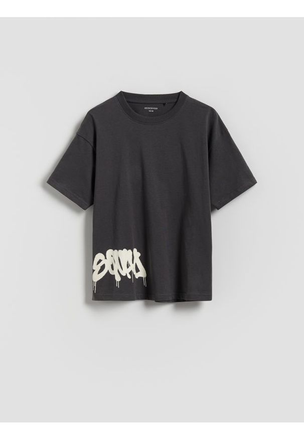 Reserved - Bawełniany t-shirt oversize - ciemnoszary. Kolor: szary. Materiał: bawełna