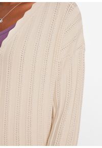 bonprix - Krótki kardigan ażurowy. Kolor: beżowy. Materiał: wiskoza. Długość: krótkie. Wzór: ażurowy #3
