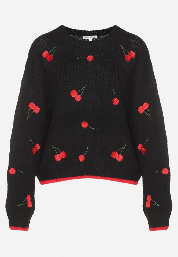 Born2be - Czarny Sweter z Domieszką Wełny z Motywem Wisienek Sintovia. Okazja: na co dzień. Kolor: czarny. Materiał: wełna. Styl: casual