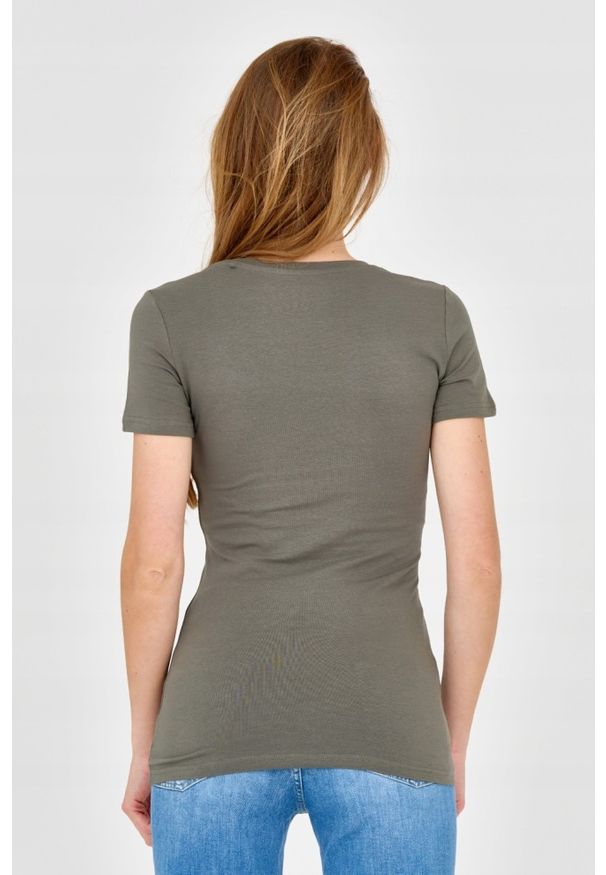 Guess - GUESS Damski zielony t-shirt ze zdobionym logo, Rozmiar XS. Kolor: zielony. Materiał: bawełna. Wzór: aplikacja