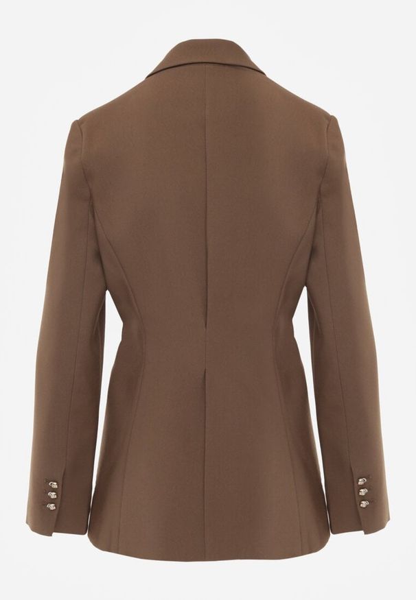 Renee - Brązowa Marszczona Marynarka Taliowana z Wiskozą z Ozdobą przy Wiązaniu Zynelle. Kolor: brązowy. Materiał: wiskoza. Wzór: aplikacja. Styl: elegancki