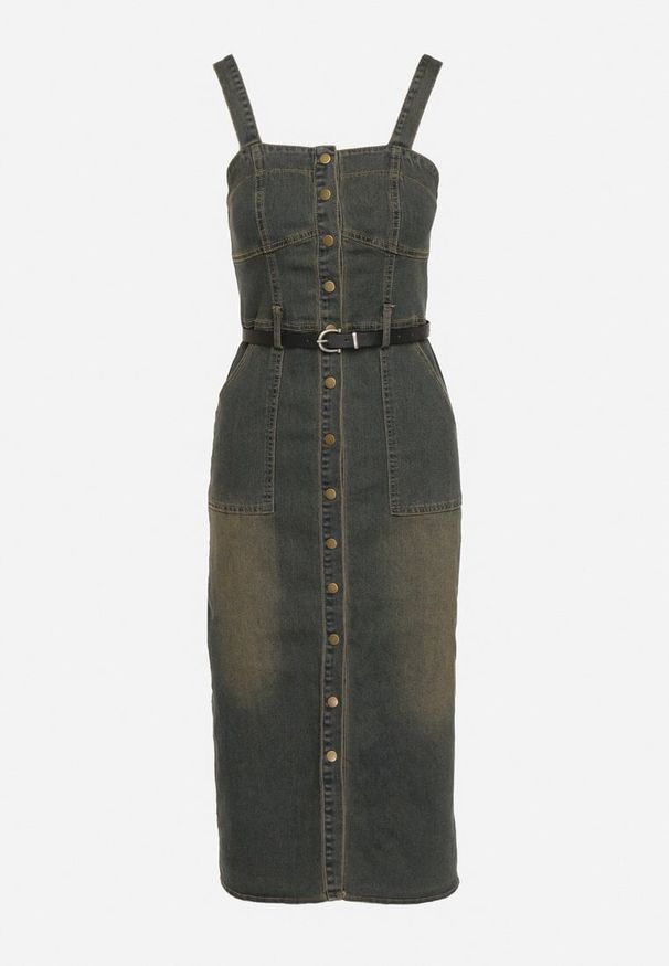 Born2be - Granatowa Sukienka Jeansowa z Paskiem z Ekoskóry Zapinana na Napy na Ramiączkach Wezia. Kolor: niebieski. Materiał: jeans. Długość rękawa: na ramiączkach. Sezon: lato