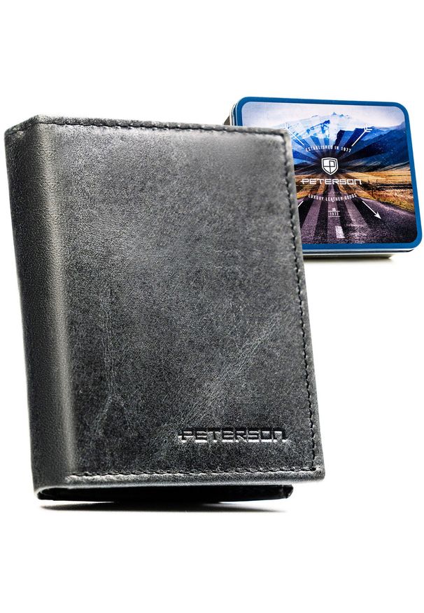 Pionowy, czarny portfel męski ze skóry naturalnej wyposażony w system RFID - Peterson. Kolor: czarny. Materiał: skóra