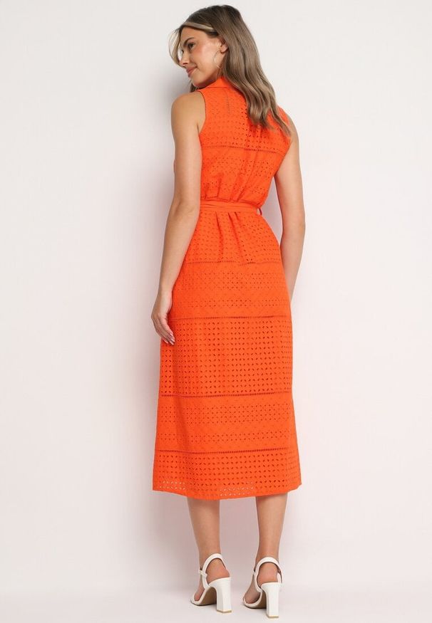 Born2be - Pomarańczowa Bawełniana Sukienka Ażurowa o Koszulowym Kroju z Materiałowym Paskiem w Talii Vikiiana. Kolor: pomarańczowy. Materiał: bawełna, materiał. Wzór: ażurowy. Typ sukienki: koszulowe. Styl: wizytowy, elegancki