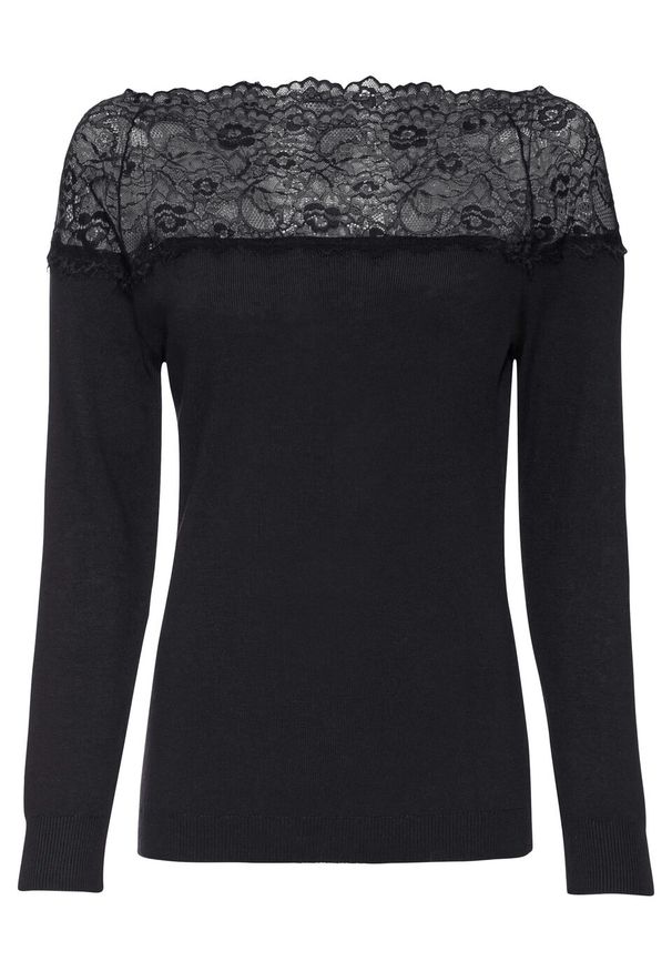Sweter z koronką w dekolcie bonprix czarny. Kolor: czarny. Materiał: koronka. Wzór: koronka