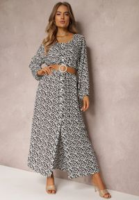 Renee - Biało-Czarna Sukienka Hyrathe. Kolor: czarny. Materiał: tkanina. Wzór: aplikacja, kwiaty, nadruk. Styl: elegancki. Długość: maxi
