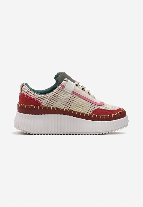 Born2be - Bordowe Sneakersy na Platformie z Tweedowymi Wstawkami i Przeszyciami Leganna. Kolor: czerwony. Obcas: na platformie