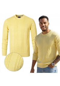 Lekki, Męski Sweter Bawełniany - Pako Jeans - Żółty, Faktura Materiału. Okazja: na spotkanie biznesowe, do pracy. Kolor: żółty, złoty, wielokolorowy. Materiał: bawełna. Styl: biznesowy, klasyczny #4