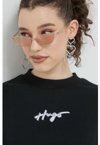 Hugo - HUGO bluza bawełniana damska kolor czarny z nadrukiem. Kolor: czarny. Materiał: bawełna. Wzór: nadruk #4