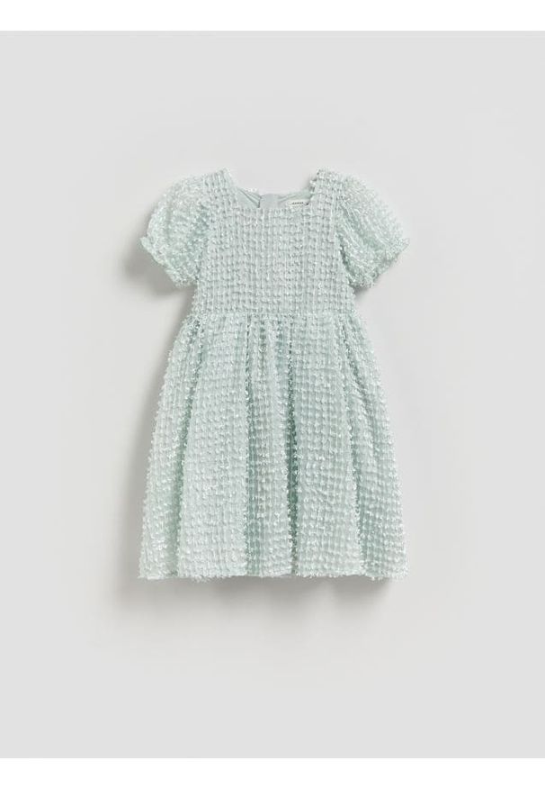 Reserved - Sukienka z bufiastymi rękawami - jasnoturkusowy. Kolor: turkusowy. Materiał: materiał