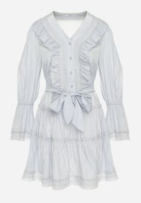 Born2be - Niebieska Rozkloszowana Mini Sukienka z Ozdobnymi Falbanami Guzikami i Materiałowym Paskiem w Talii Miorma. Typ kołnierza: kokarda. Kolor: niebieski. Materiał: materiał. Typ sukienki: rozkloszowane. Długość: mini #5