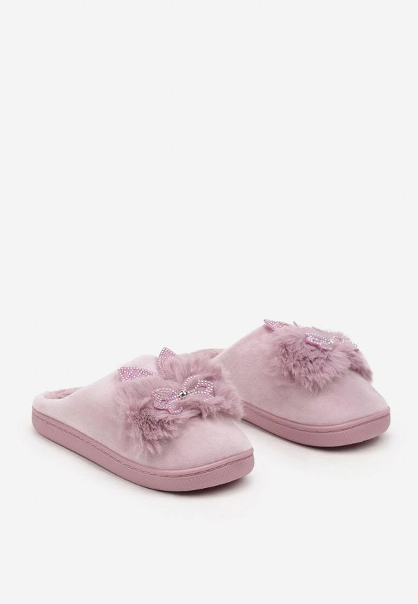 Born2be - Jasnofioletowe Płaskie Kapcie Ozdobione Futerkiem i Cyrkoniami Dezitana. Okazja: do pracy. Kolor: fioletowy. Materiał: futro. Wzór: aplikacja. Styl: wizytowy, klasyczny, elegancki
