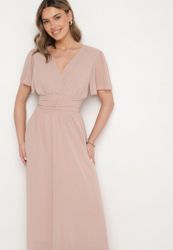 Born2be - Ciemnoróżowa Kopertowa Sukienka Maxi z Gumką w Pasie Narlin. Okazja: na ślub cywilny, na wesele, na studniówkę. Typ kołnierza: dekolt w serek. Kolor: różowy. Typ sukienki: kopertowe. Styl: klasyczny. Długość: maxi