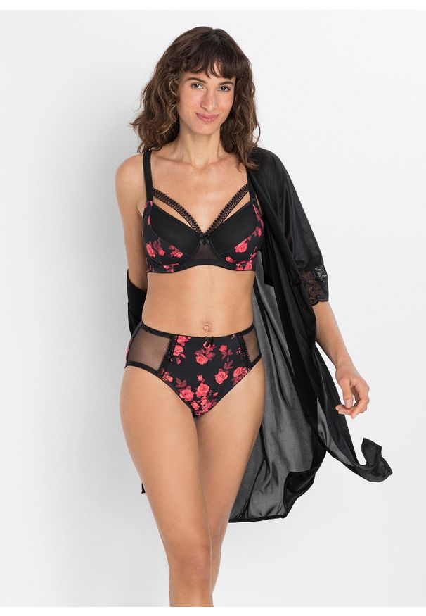 bonprix - Figi maxi z poliamidu z recyklingu. Kolor: czarny. Materiał: poliamid. Wzór: nadruk, kwiaty