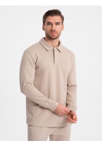 Ombre Clothing - Komplet męski dresowy bluza z kołnierzem polo + spodnie - beżowy V2. Typ kołnierza: polo. Kolor: beżowy. Materiał: dresówka #7