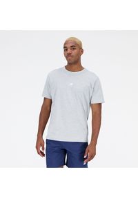 Koszulka męska New Balance MT31504AG – szara. Kolor: szary. Materiał: materiał, bawełna. Długość rękawa: krótki rękaw. Długość: krótkie. Wzór: napisy #1