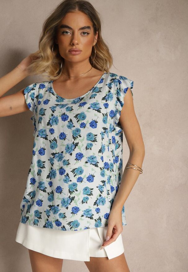 Renee - Niebieska Kwiatowa Bluzka z Bawełny Ulosirenia. Okazja: na co dzień. Kolor: niebieski. Materiał: bawełna. Wzór: kwiaty. Styl: elegancki, casual