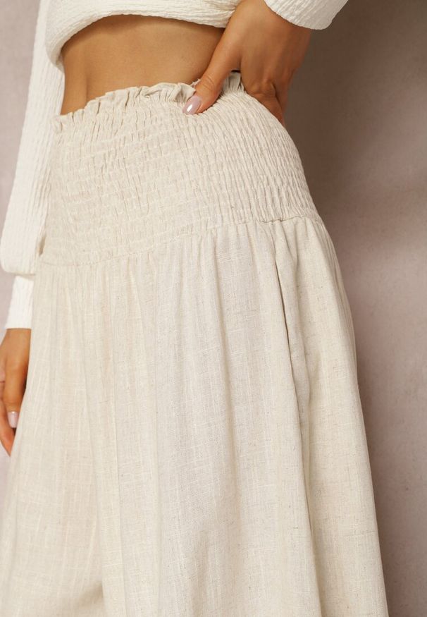 Renee - Beżowe Szerokie Spodnie Culottes z Bawełny z Gumką w Talii Ifletia. Kolor: beżowy. Materiał: bawełna. Styl: wakacyjny