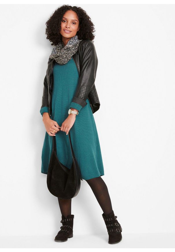 bonprix - Sukienka dzianinowa poszerzana dołem. Kolor: niebieski. Materiał: dzianina