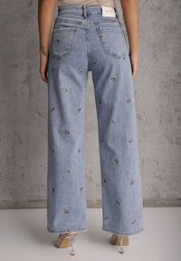 Renee - Niebieskie Szerokie Jeansy z Bawełną High Waist z Haftowanym Wzorem Donlopes. Okazja: na co dzień. Stan: podwyższony. Kolor: niebieski. Wzór: haft. Styl: casual #6