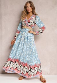 Renee - Niebiesko-Różowa Kopertowa Sukienka Rozkloszowana z Plecionym Paskiem Alymara. Kolor: niebieski. Typ sukienki: kopertowe #3