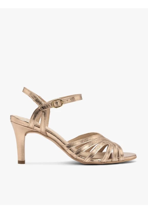 Ryłko - Platynowe sandały damskie na szpilce. Zapięcie: sprzączka. Kolor: szary. Materiał: skóra. Obcas: na szpilce. Styl: elegancki, street. Wysokość obcasa: średni