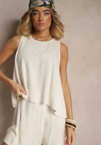 Renee - Jasnobeżowy Top z Bawełną i Lnem o Rozkloszowanym Kroju Soneilla. Kolor: beżowy. Materiał: bawełna, len. Sezon: lato. Styl: elegancki