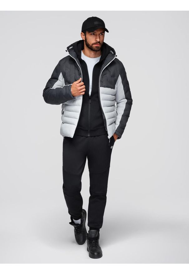 Ombre Clothing - Kontrastowa kurtka pikowana męska z odpinanym kapturem – grafitowo-biała V3. Kolor: biały. Materiał: poliester, tkanina, włókno, materiał, syntetyk. Wzór: aplikacja. Sezon: zima