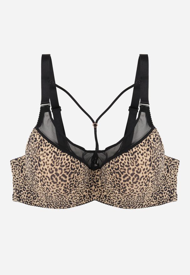 Renee - Czarno-Beżowy Biustonosz z Siateczkową Wstawką i Ozdobnymi Paskami przy Dekolcie Sabesa. Kolor: czarny. Materiał: jeans. Wzór: paski