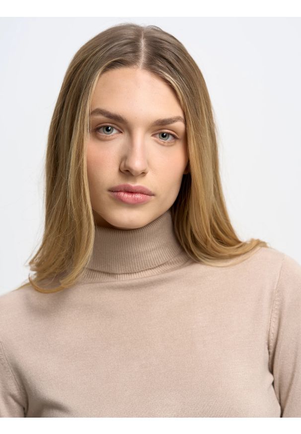 Big-Star - Sweter damski z golfem beżowy Charlinka 801. Okazja: na co dzień. Typ kołnierza: golf. Kolor: beżowy. Materiał: jeans, skóra. Wzór: aplikacja. Styl: casual, klasyczny, wizytowy