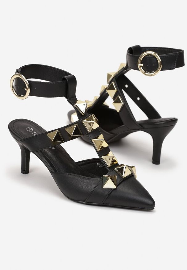 Born2be - Czarne Sandały na Szpilce z Ćwiekami Feana. Zapięcie: sprzączka. Kolor: czarny. Wzór: aplikacja. Obcas: na szpilce. Wysokość obcasa: średni