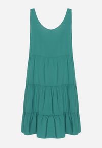 Born2be - Ciemnozielona Bawełniana Rozkloszowana Sukienka na Ramiączkach z Falbanami Criselles. Okazja: na spacer, na plażę. Typ kołnierza: kołnierz z falbankami. Kolor: zielony. Materiał: bawełna. Długość rękawa: na ramiączkach. Sezon: lato. Styl: elegancki #3