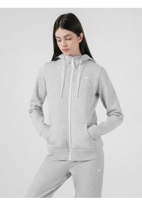 4f - Bluza dresowa rozpinana z kapturem damska. Okazja: na co dzień. Typ kołnierza: kaptur. Kolor: szary. Materiał: dresówka. Wzór: gładki, ze splotem. Styl: sportowy, klasyczny, casual. Sport: fitness #1
