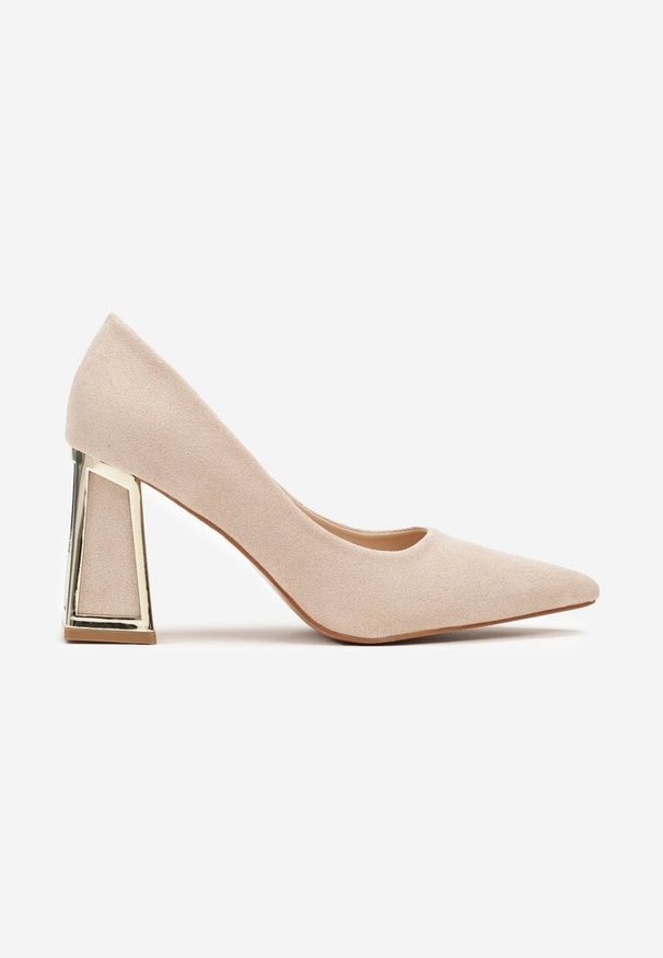 Born2be - Beżowe Czółenka na Geometrycznym Obcasie z Ekozamszu Nevilana. Okazja: na spotkanie biznesowe. Kolor: beżowy. Wzór: geometria. Obcas: na obcasie. Styl: biznesowy, elegancki. Wysokość obcasa: średni