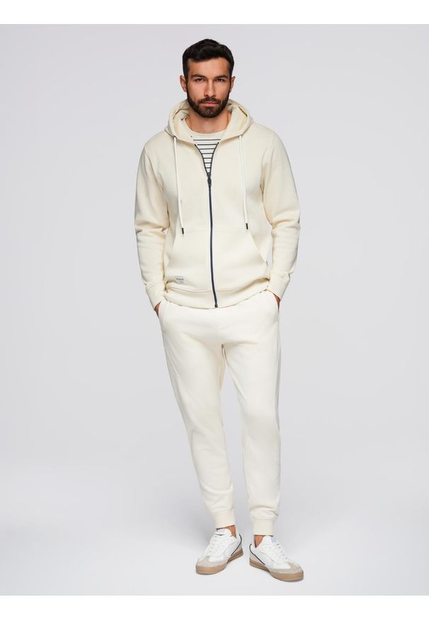 Ombre Clothing - Komplet dresowy męski set bluza rozpinana z kapturem + spodnie joggery - kremowy V11 - Rozmiar: M. Okazja: na co dzień, na spacer. Typ kołnierza: kaptur. Kolor: kremowy. Materiał: dresówka. Wzór: aplikacja. Styl: casual