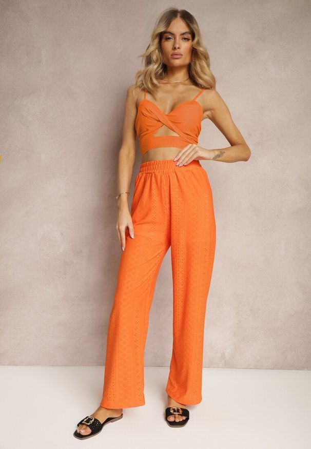Renee - Pomarańczowe Spodnie High Waist z Ażurowym Wzorem Diemia. Okazja: na co dzień. Stan: podwyższony. Kolor: pomarańczowy. Materiał: materiał, jedwab. Wzór: ażurowy. Styl: casual