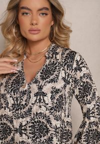 Renee - Beżowo-Czarna Bawełniana Sukienka o Rozkloszowanym Kroju w Ornamentalny Print Laniwea. Okazja: na co dzień. Kolor: czarny. Materiał: bawełna. Wzór: nadruk. Styl: casual