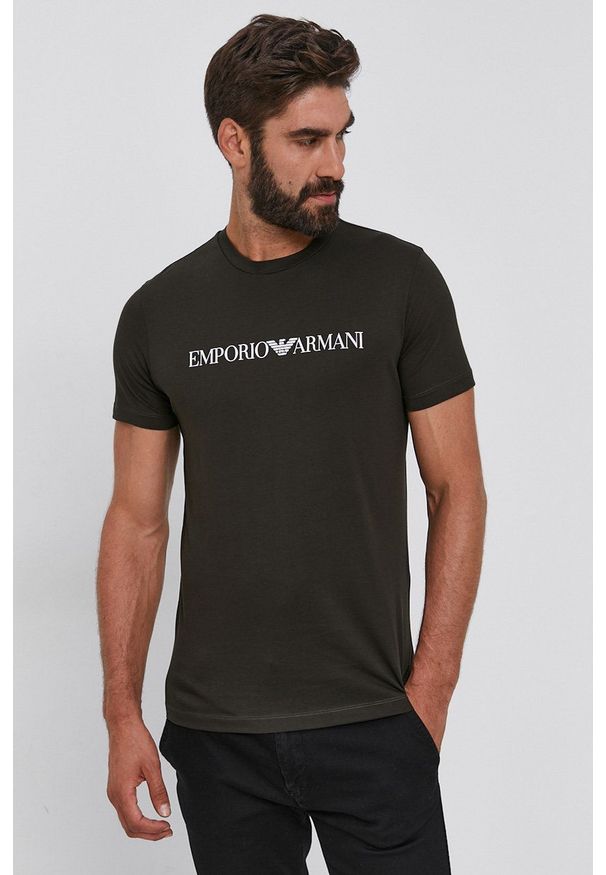 Emporio Armani - T-shirt bawełniany. Okazja: na co dzień. Kolor: zielony. Materiał: bawełna. Wzór: nadruk. Styl: casual