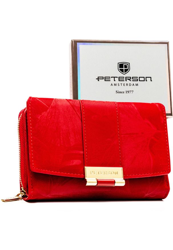 Portfel damski wykonany ze skóry ekologicznej w czerwonym kolorze w delikatne kwiaty - Peterson. Kolor: czerwony. Materiał: skóra ekologiczna. Wzór: kwiaty