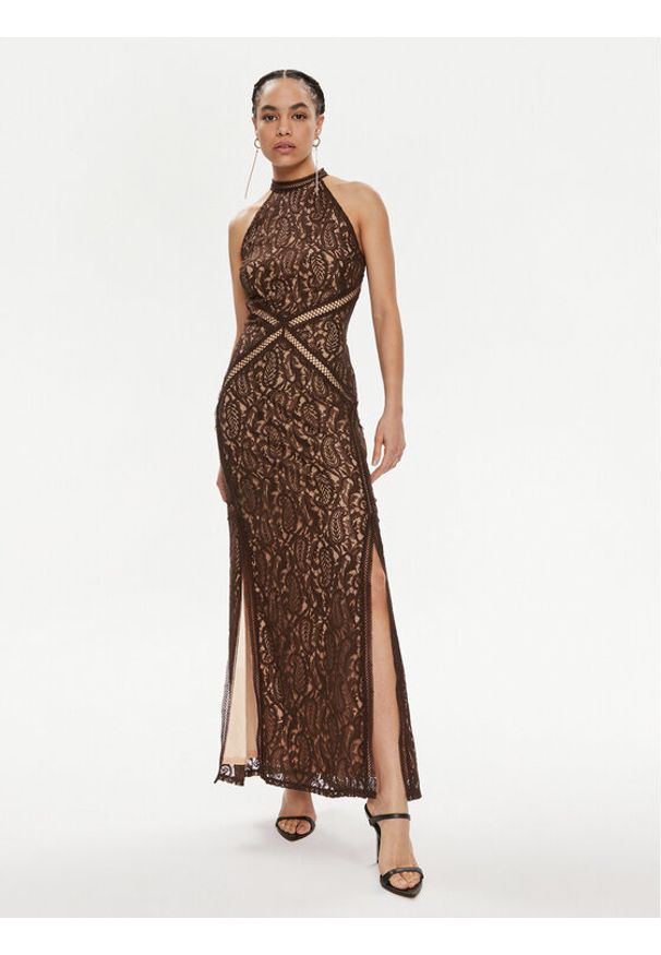 Guess Sukienka wieczorowa New Liza W4GK20 KC760 Brązowy Slim Fit. Kolor: brązowy. Materiał: syntetyk. Styl: wizytowy