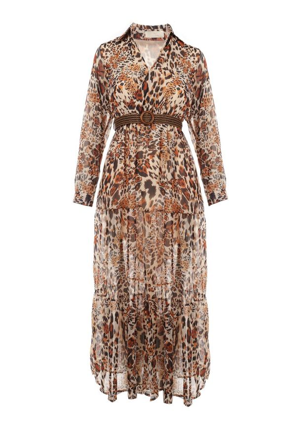 Born2be - Brązowo-Beżowa Sukienka Z Paskiem Phaenala. Kolor: brązowy. Materiał: zamsz. Wzór: motyw zwierzęcy, nadruk. Styl: klasyczny. Długość: maxi