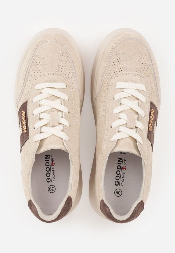 Renee - Beżowe Perforowane Sneakersy Chunky ze Skóry Naturalnej na Platformie Silvanatea. Kolor: beżowy. Materiał: skóra. Obcas: na platformie