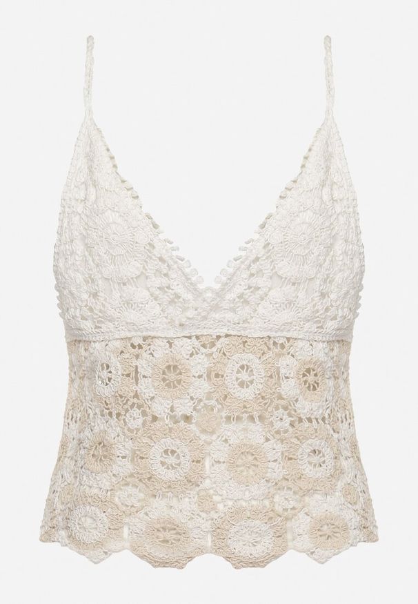 Born2be - Beżowy Top Ażurowy w Stylu Boho z Bawełny Nahiroa. Typ kołnierza: dekolt w kształcie V. Kolor: beżowy. Materiał: bawełna. Wzór: ażurowy. Sezon: lato. Styl: boho