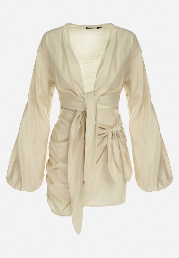 Born2be - Jasnobeżowy 2-częściowy Komplet z Bluzką i Spódnicą Zdobionych Wiązaniem Elistra. Kolor: beżowy. Materiał: jeans. Wzór: aplikacja