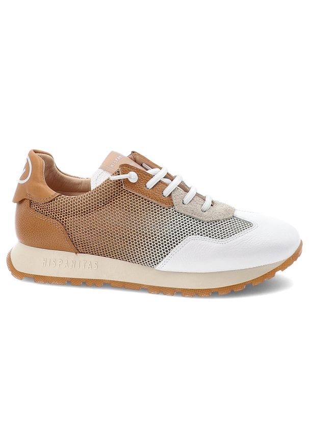 Biało-Brązowe Sneakersy Hispanitas Stylowe Wygodne Obuwie Damskie. Okazja: na co dzień. Zapięcie: sznurówki. Kolor: biały. Materiał: skóra. Szerokość cholewki: normalna. Styl: elegancki