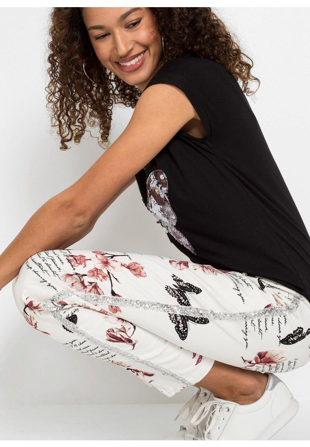 bonprix - Spodnie twillowe z elastycznego materiału z bawełną. Kolor: biały. Materiał: bawełna, materiał. Wzór: nadruk