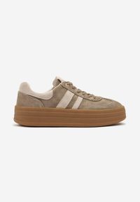 Born2be - Ciemnobeżowe Zamszowe Sneakersy na Grubej Podeszwie z Paskami i Skórzaną Wkładką Felenne. Okazja: na co dzień. Zapięcie: pasek. Kolor: beżowy. Materiał: zamsz, skóra. Wzór: paski #5