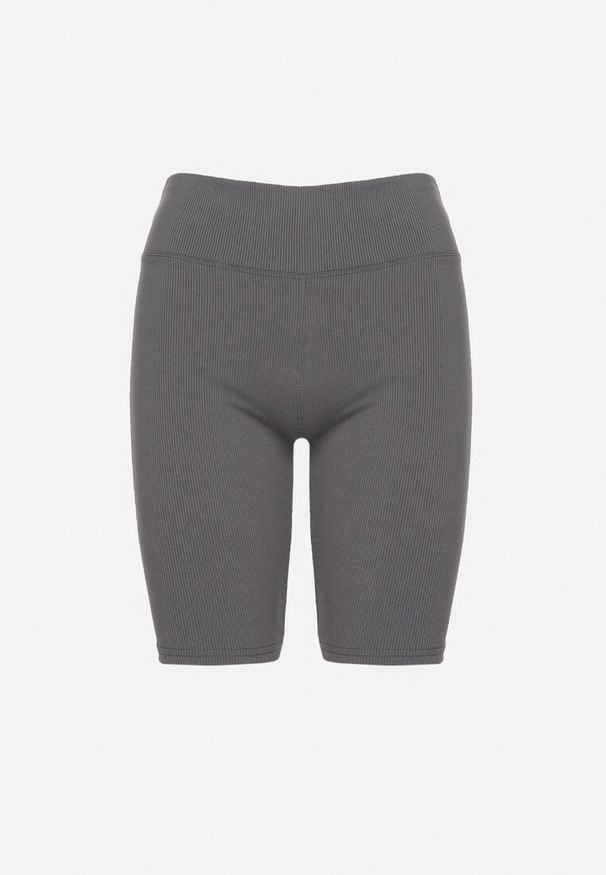 Born2be - Szare Szorty Kolarki z Prążkowanej Tkaniny z Wysokim Stanem Rinwena. Okazja: na co dzień. Stan: podwyższony. Kolor: szary. Materiał: tkanina, prążkowany. Styl: elegancki, casual